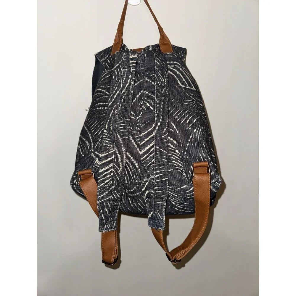 Boho Canvas Backpack Purse Gray Cream Abstract Print Drawstring Minimalist